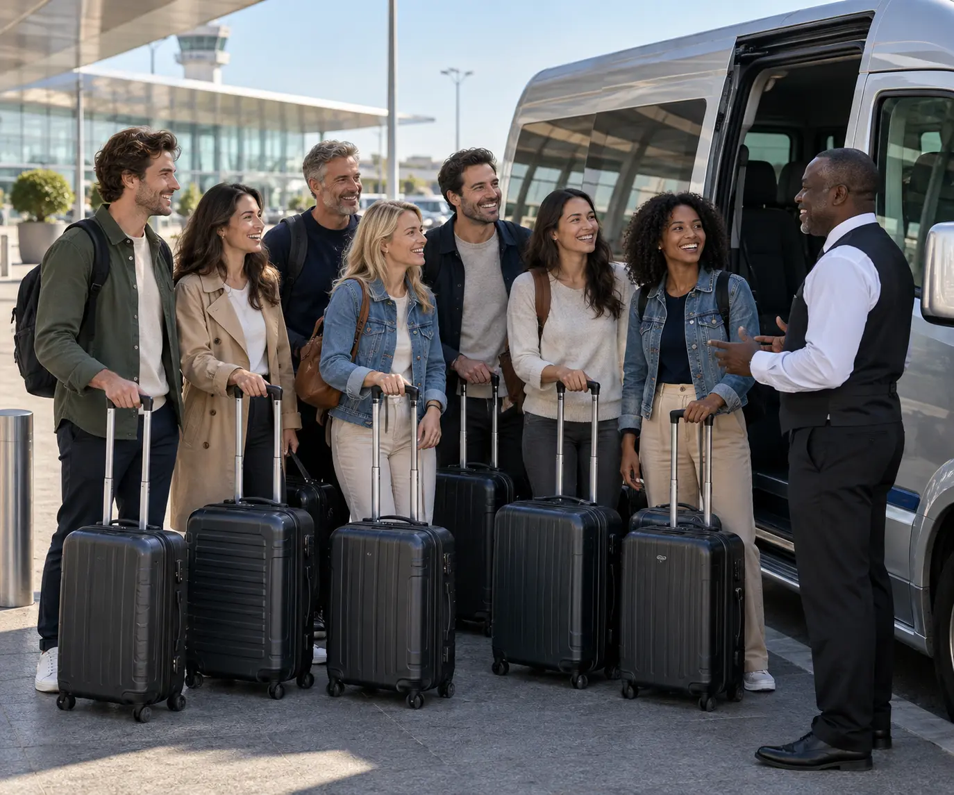 Larger group with wheeled suitcases speaking to a driver beside a silver minibus