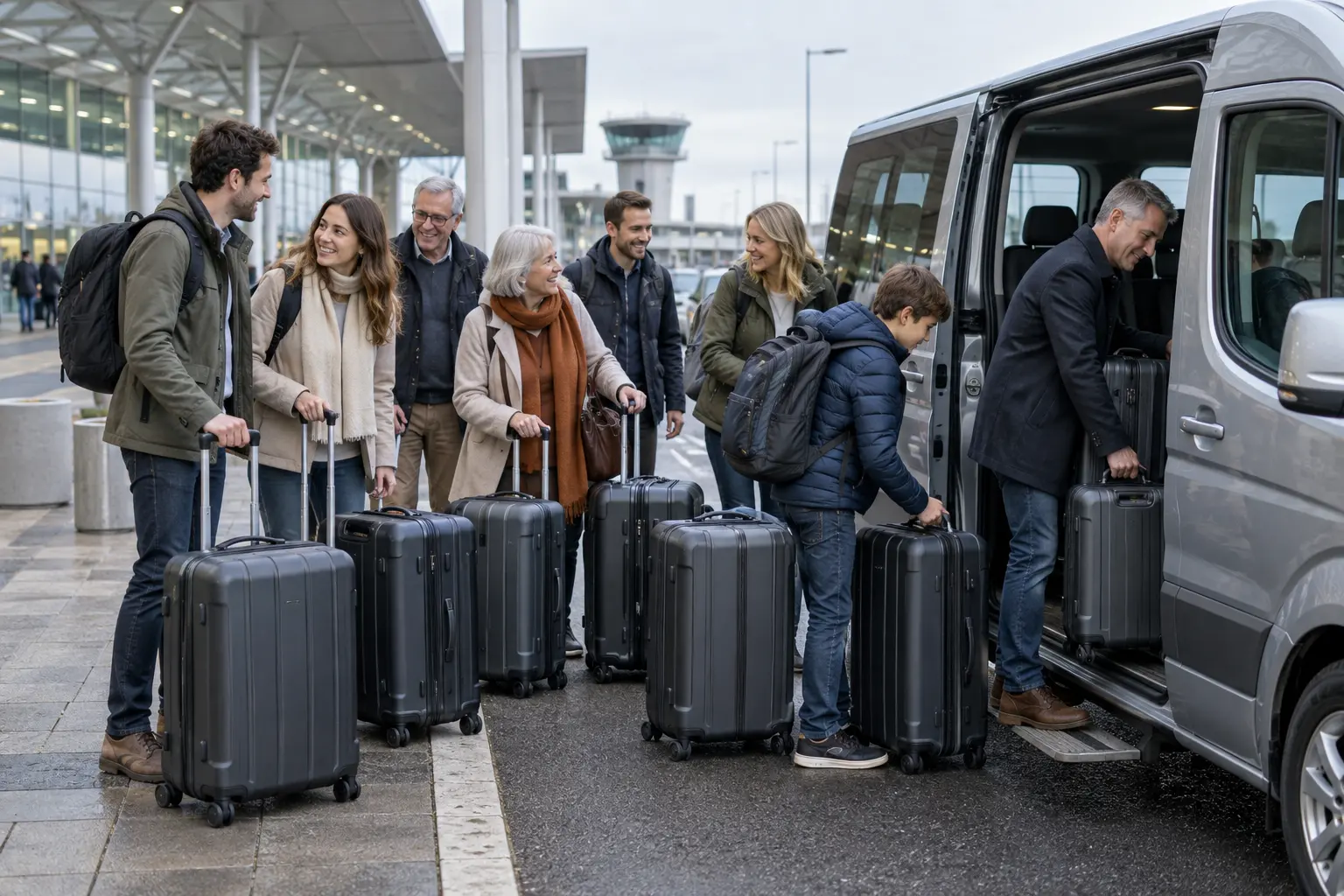 Larger group loading standard suitcases into a silver minibus at an airport