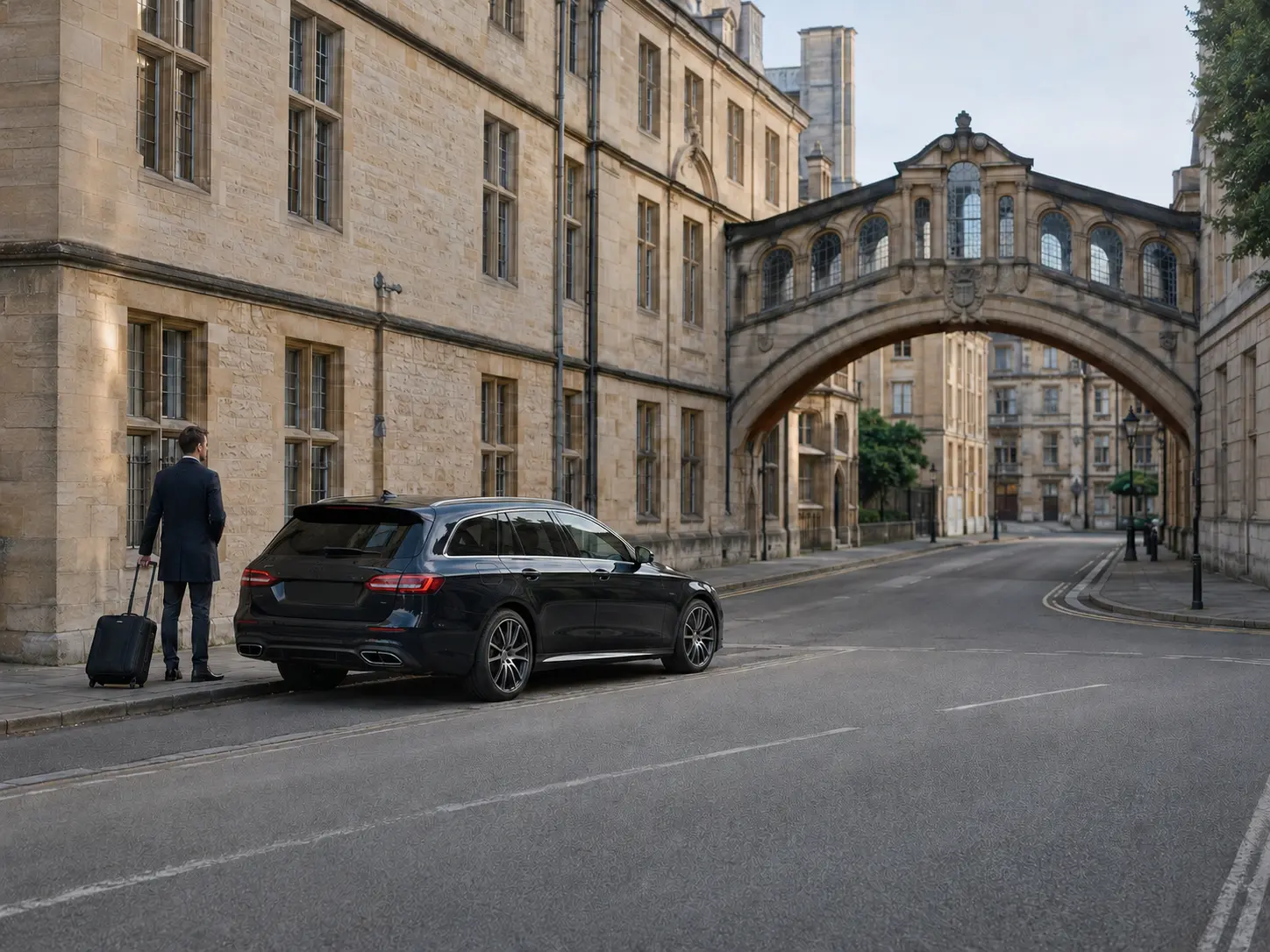 Airport transfer vehicle parked at the kerb beside Oxford stone buildings