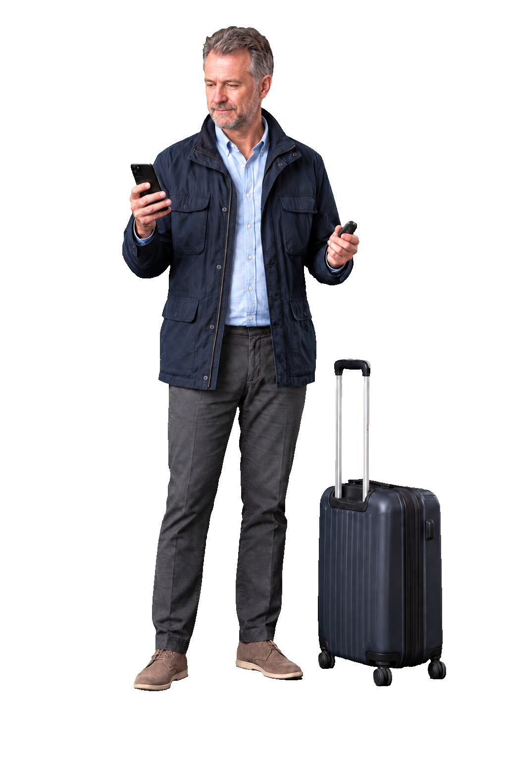 Traveller comparing an airport transfer on his phone while holding a car key beside a suitcase
