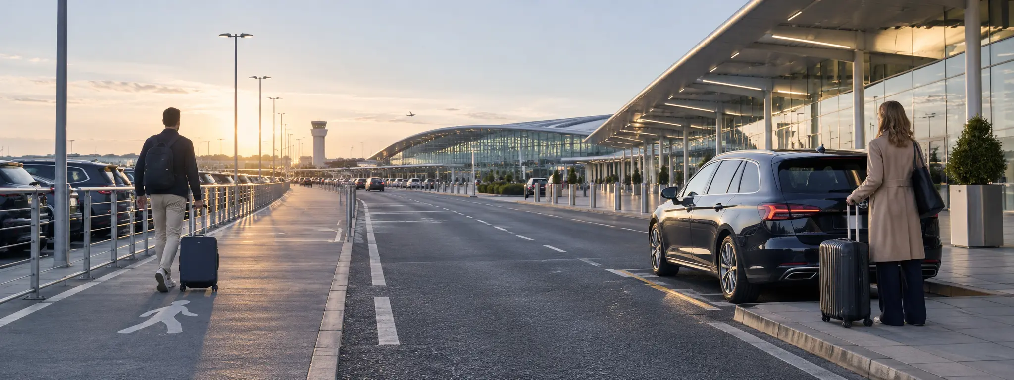 Airport parking walkway and a transfer car at a terminal kerb shown in one panoramic scene