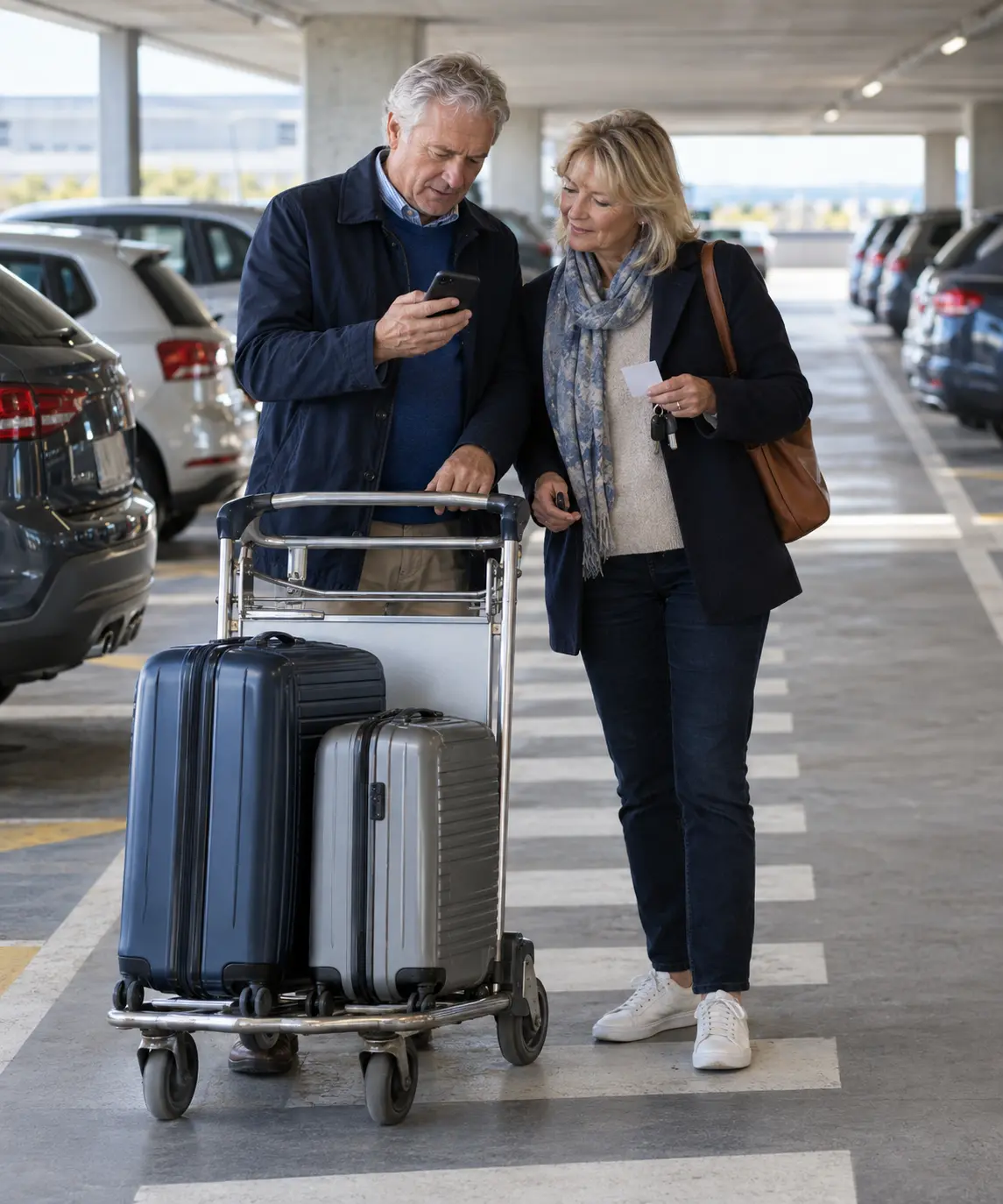 Older couple checking airport parking information beside their luggage trolley