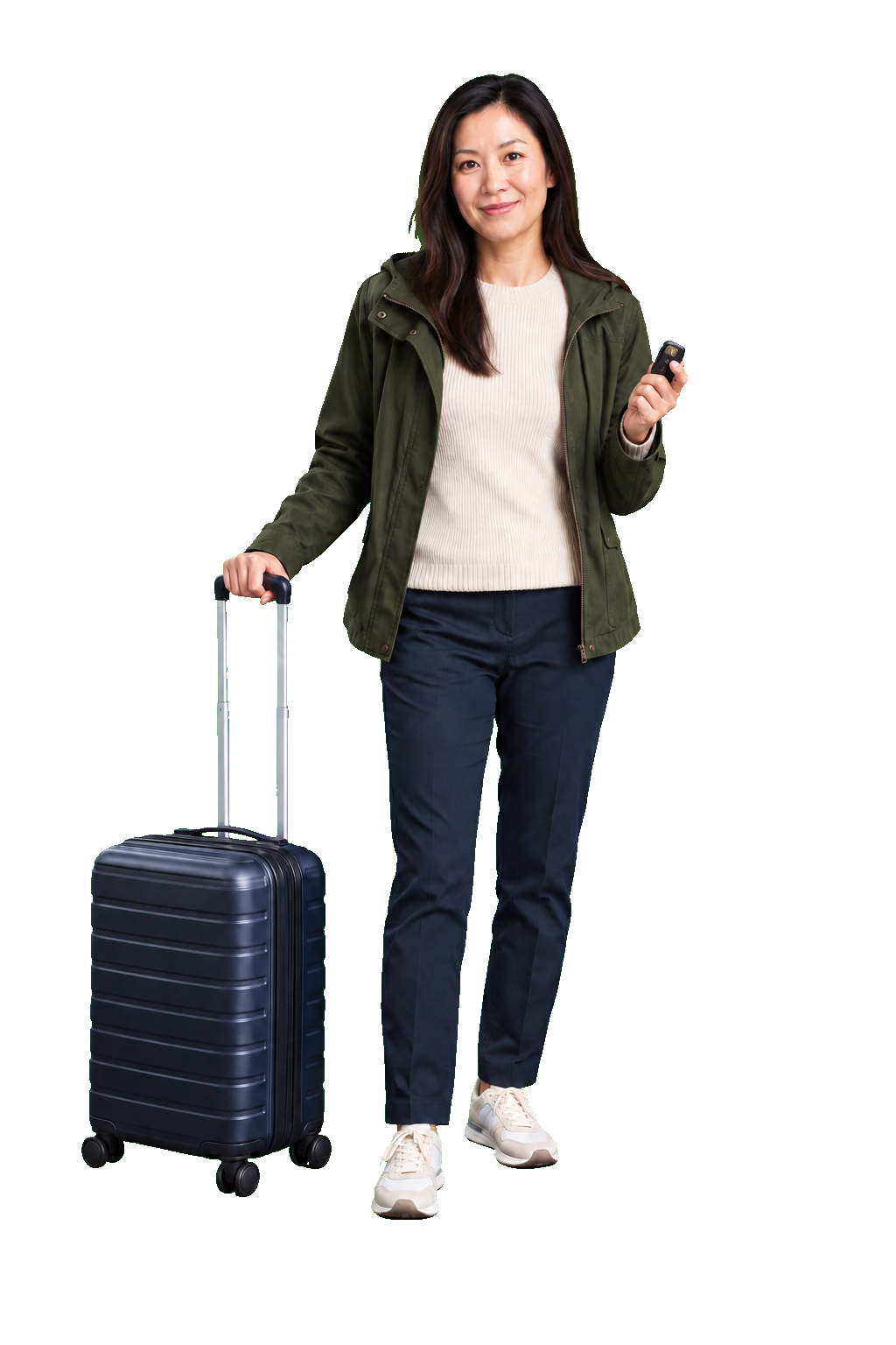Traveller holding a phone beside a compact suitcase