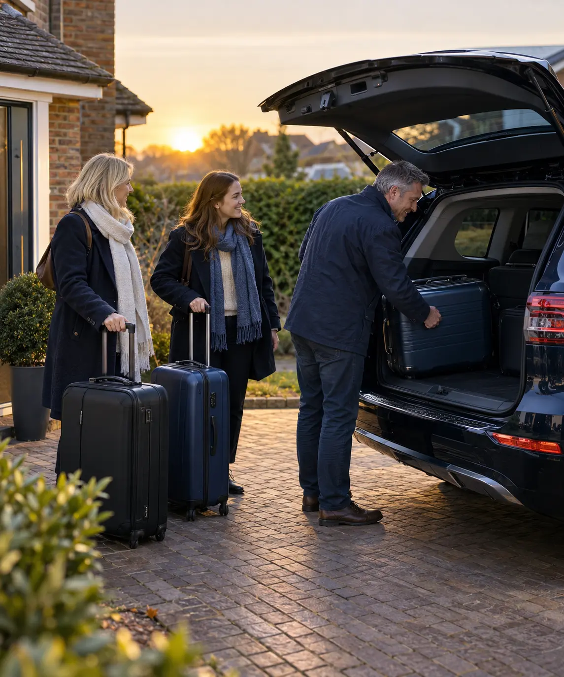 Family loading luggage into an airport transfer vehicle outside their home