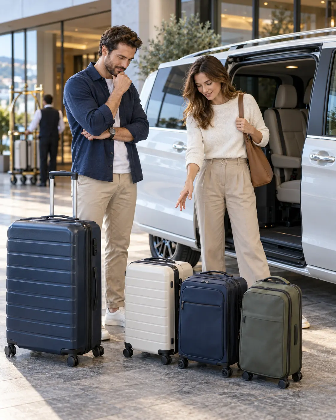 Travellers comparing standard suitcases and cabin bags beside a white people carrier