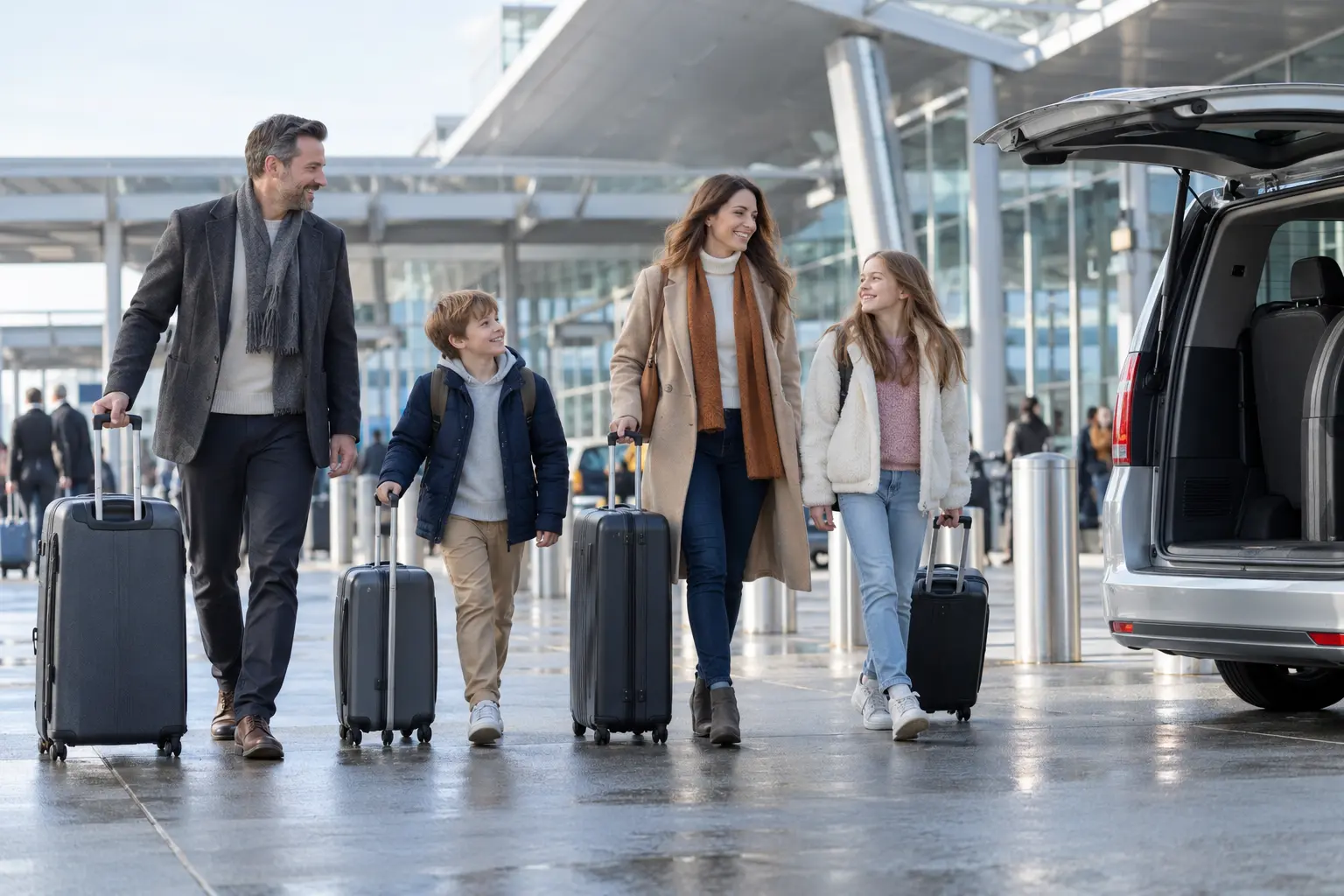 Family of four walking with luggage towards a silver people carrier at an airport