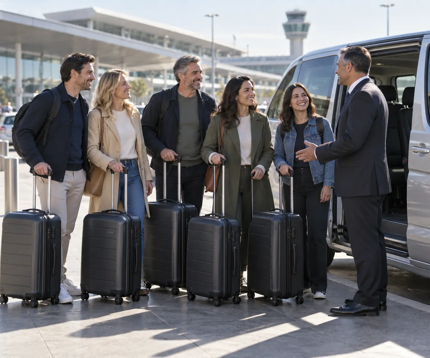 Group of five travellers speaking with a driver beside a silver people carrier