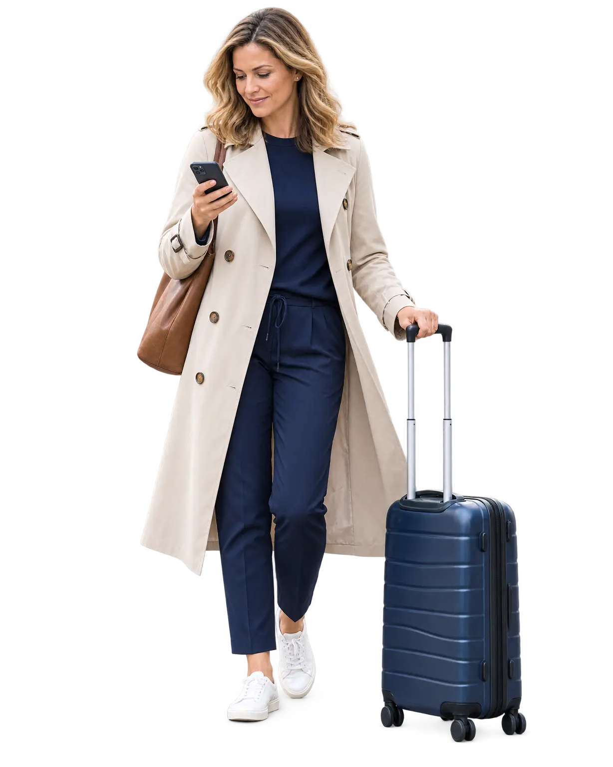 Traveller checking airport route details on a phone beside cabin luggage