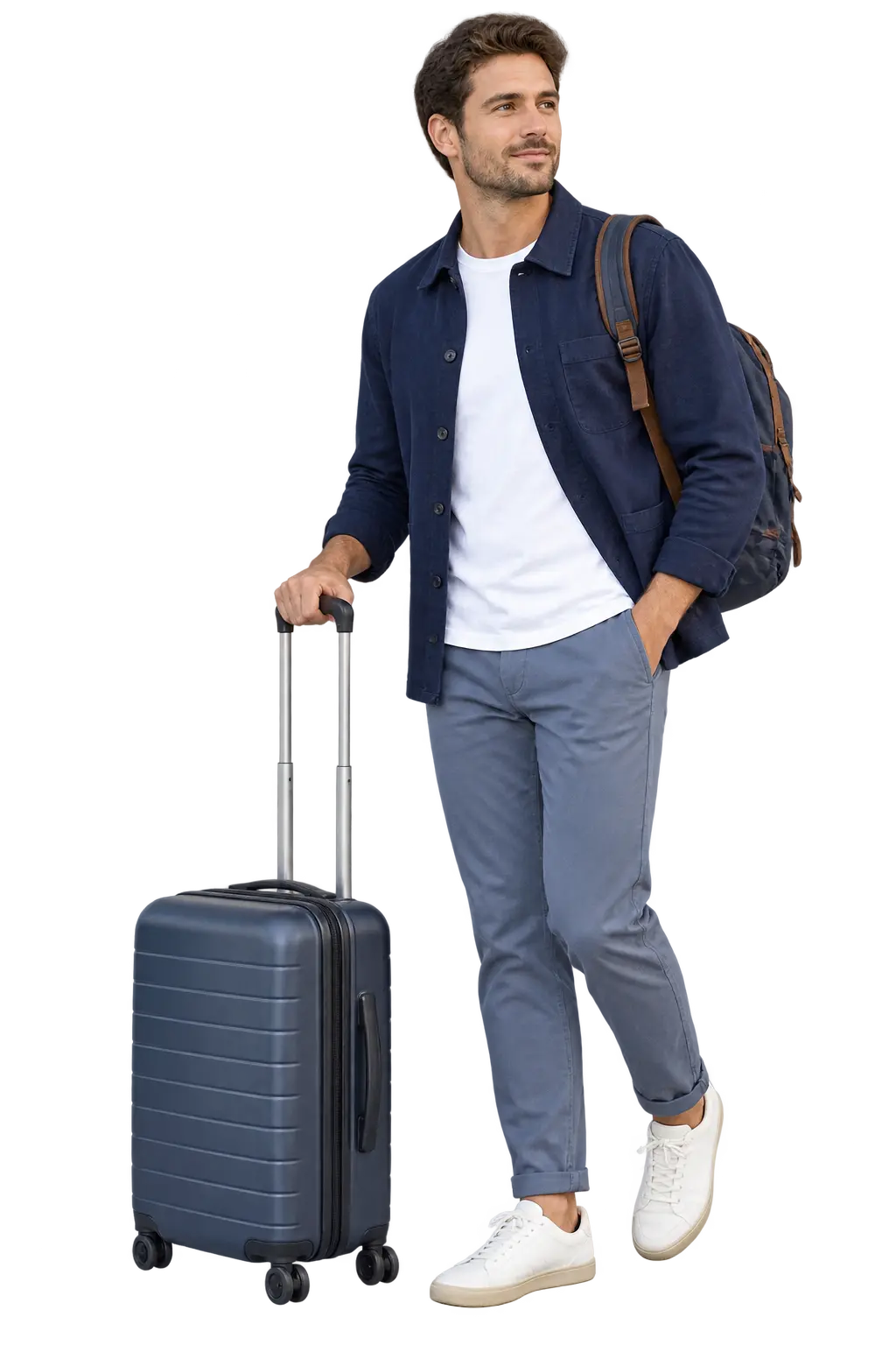 Traveller with a backpack pulling a suitcase