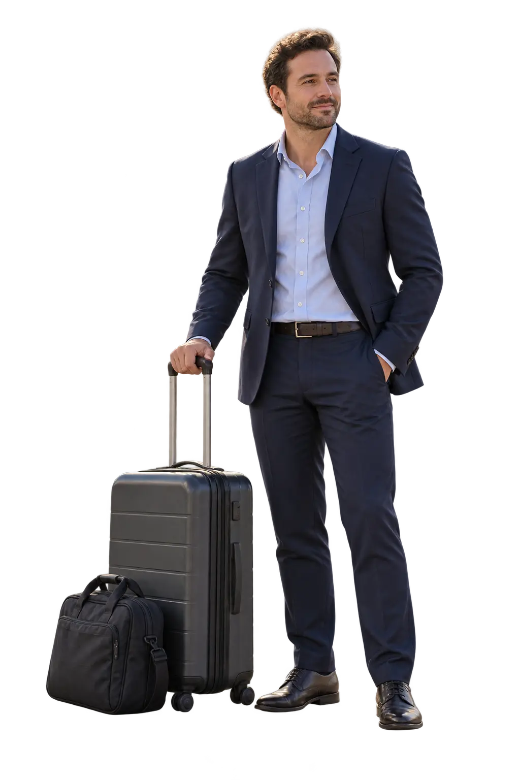 Airport transfer driver standing beside packed luggage