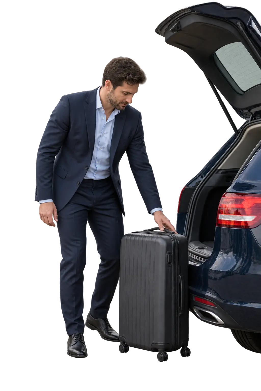 Driver helping with a suitcase beside a parked transfer car
