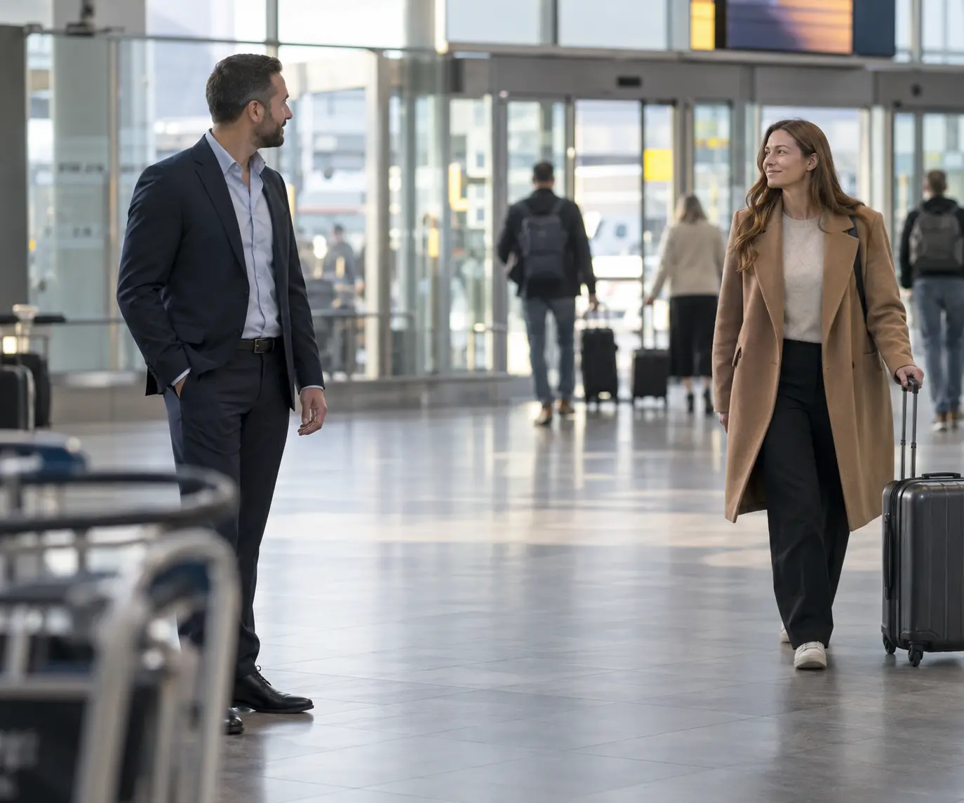 Driver and traveller meeting with luggage in an airport arrivals hall