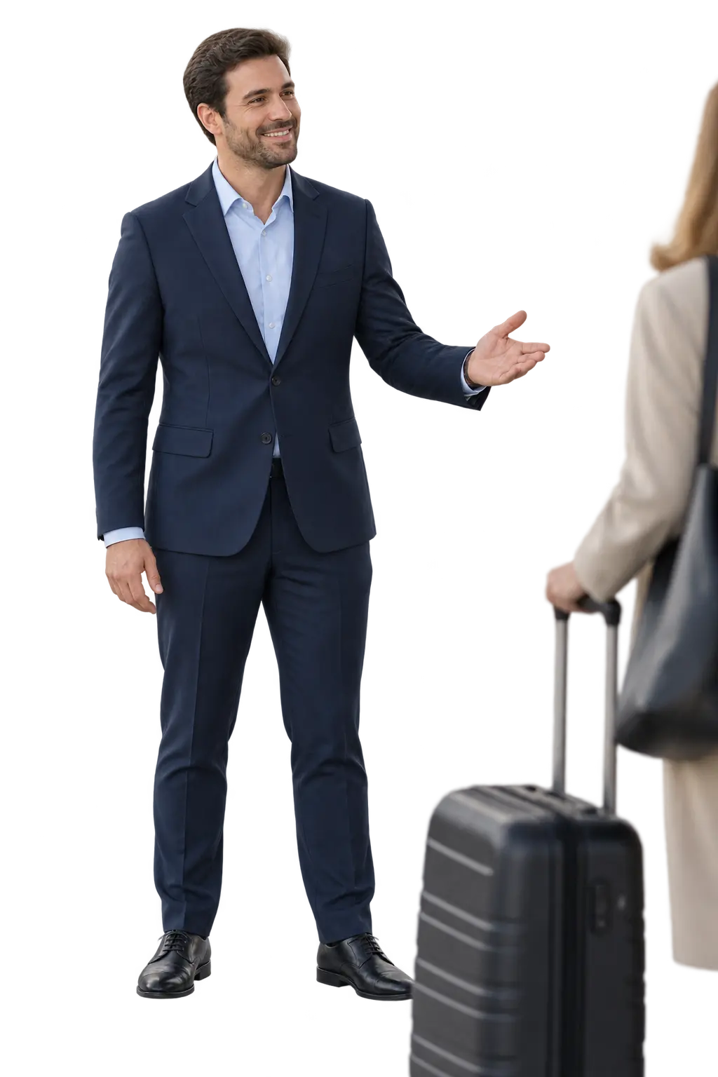 Airport transfer driver greeting a traveller beside her suitcase