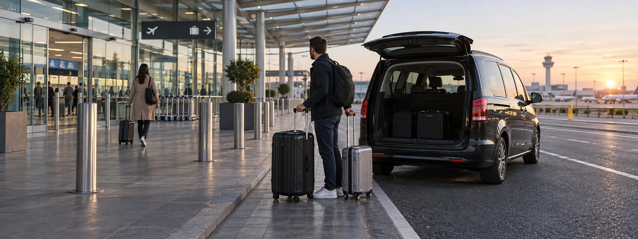 Traveller with luggage beside a parked airport transfer vehicle at a terminal pickup bay before sunrise