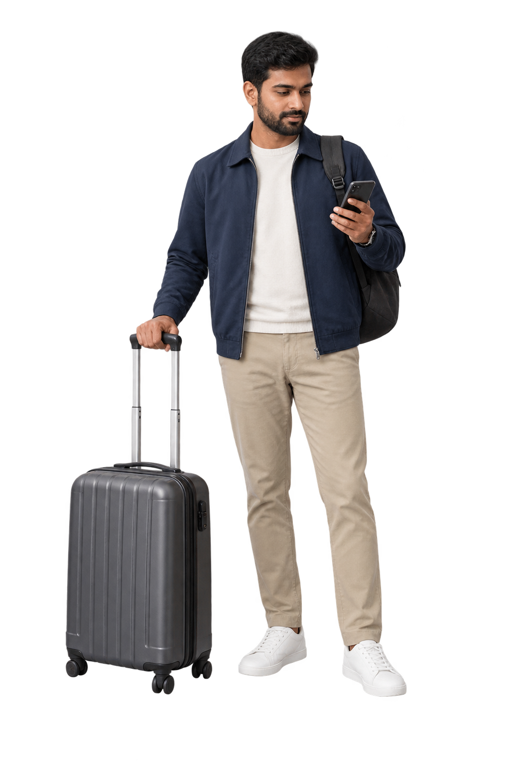 Traveller checking a planned airport journey on his phone beside a suitcase