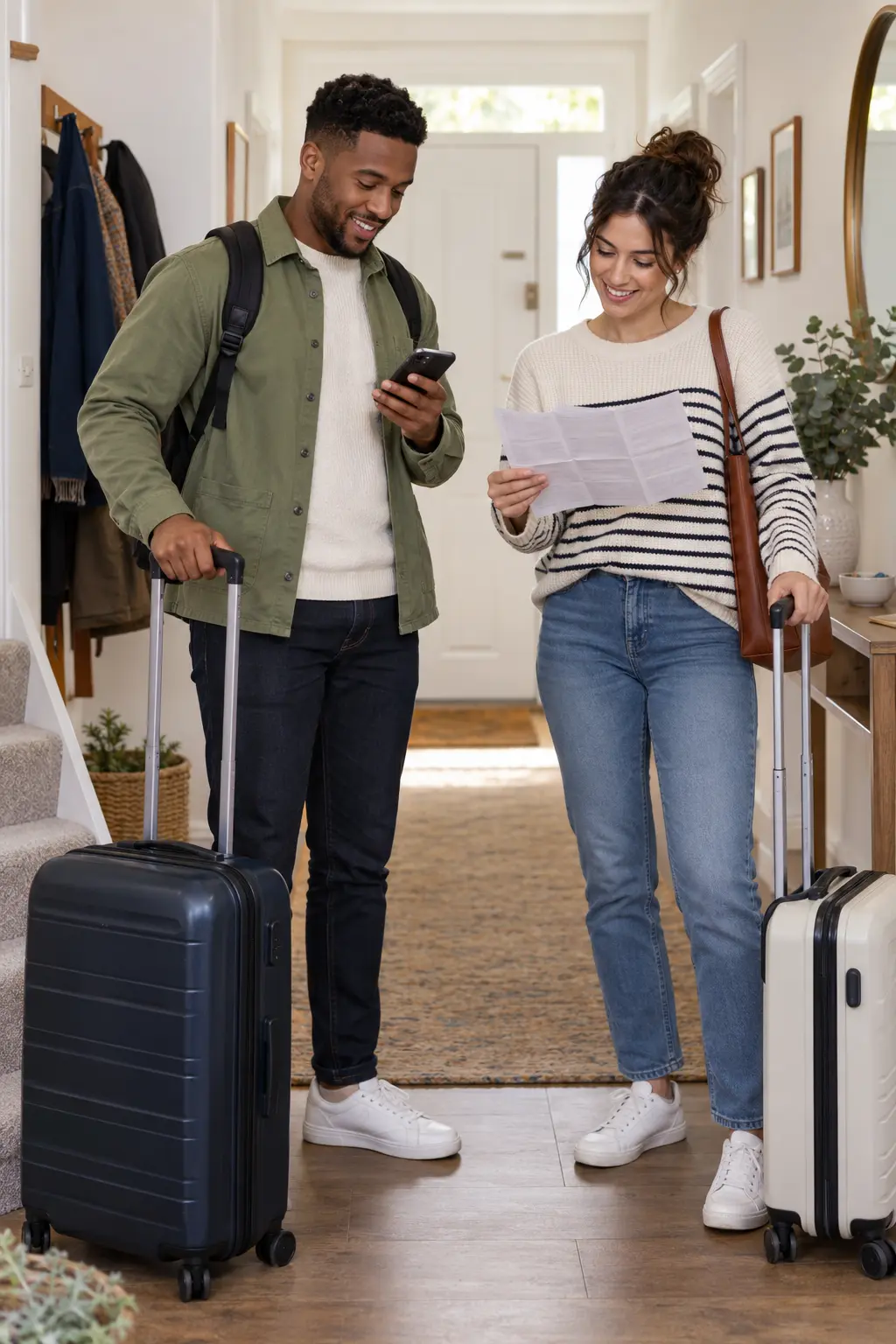 Two friends comparing airport journey details beside their suitcases at home