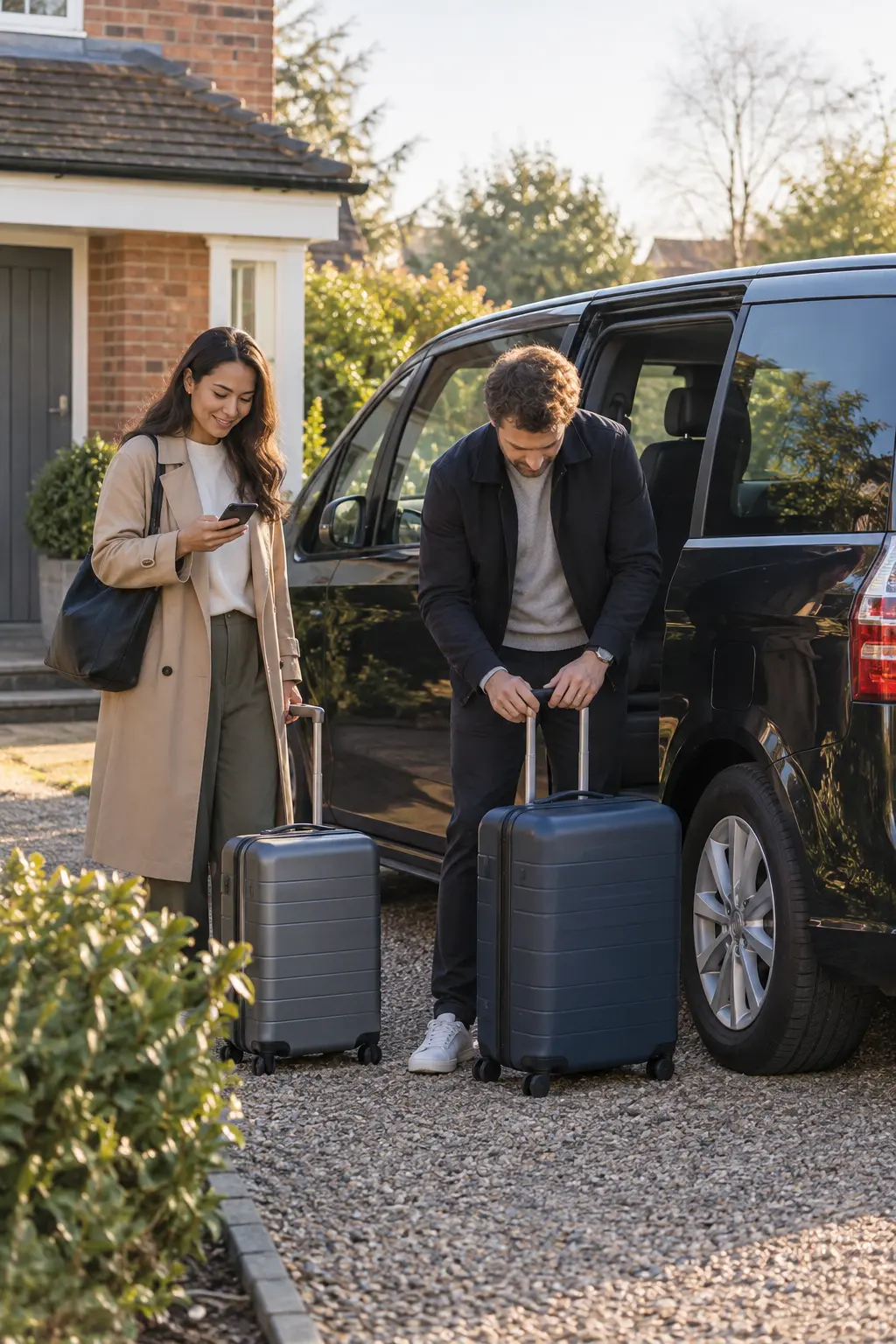 Couple preparing suitcases beside a parked airport transfer vehicle at home