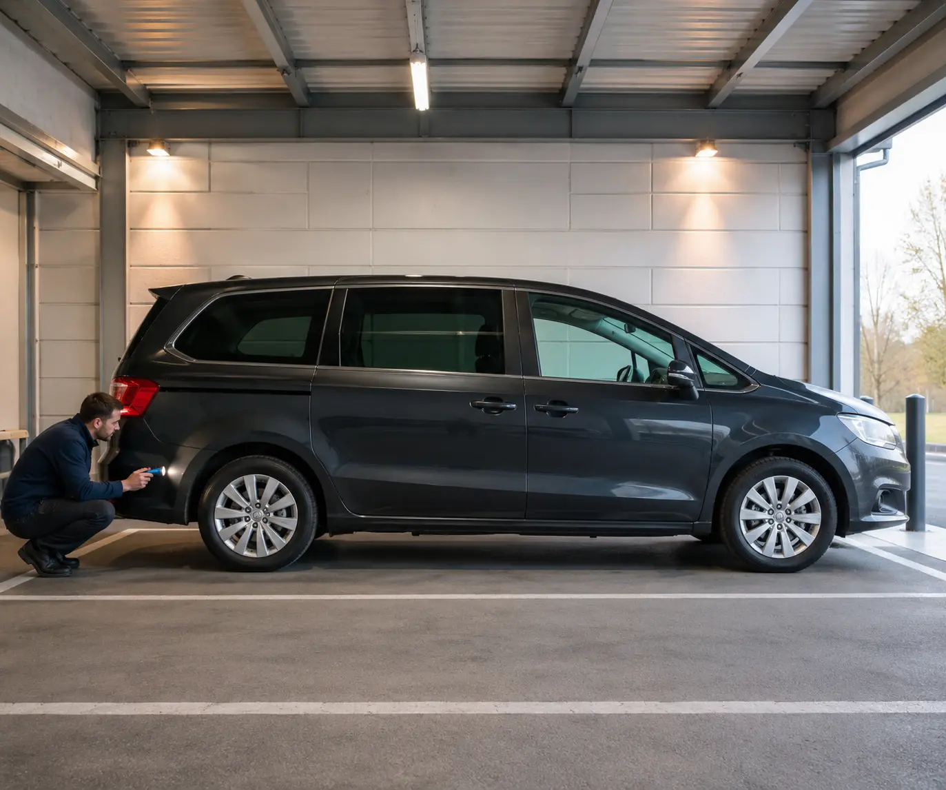 Service professional inspects a parked people carrier before a journey