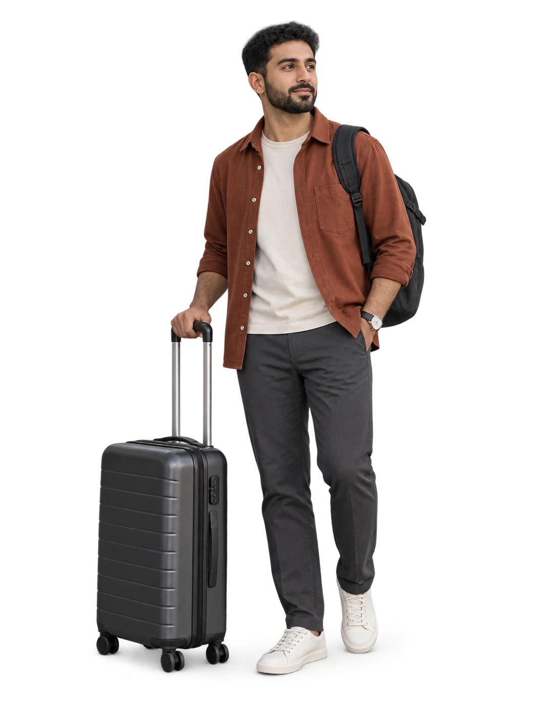 Solo traveller standing with a medium suitcase and backpack ready for an airport pickup