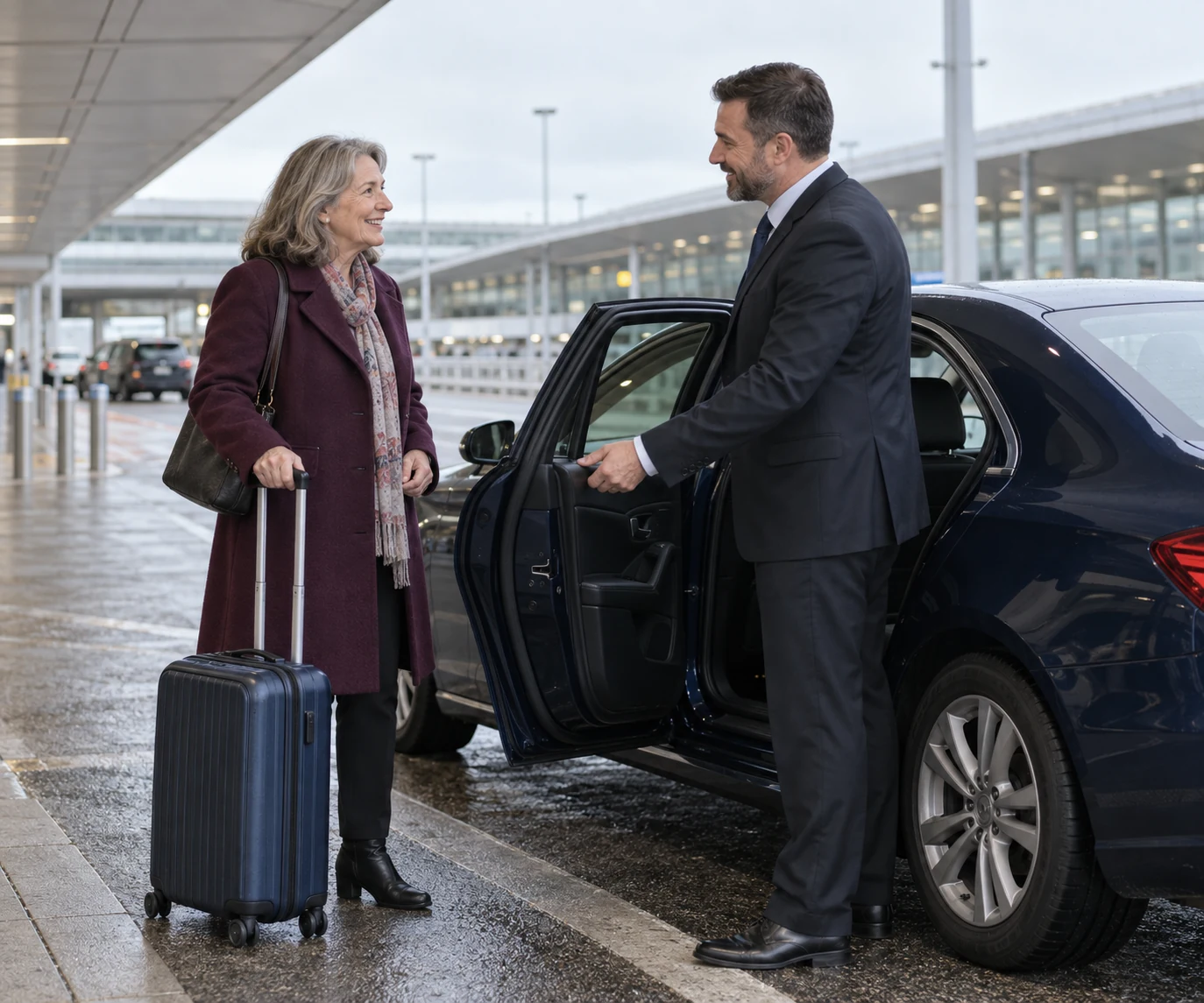 Traveller speaking with a driver beside a generic saloon car at an airport pickup area