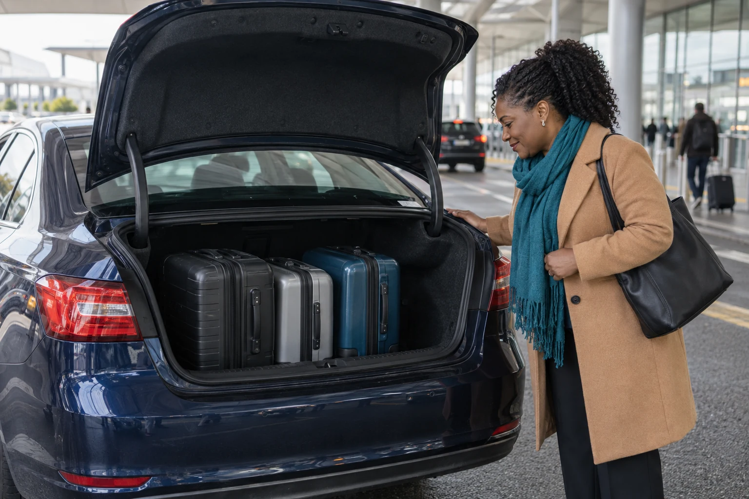 Three standard suitcases arranged inside the open boot of a generic saloon car