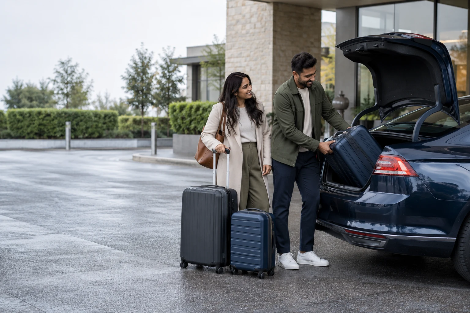 Couple placing three suitcases into the boot of a generic saloon car outside a hotel