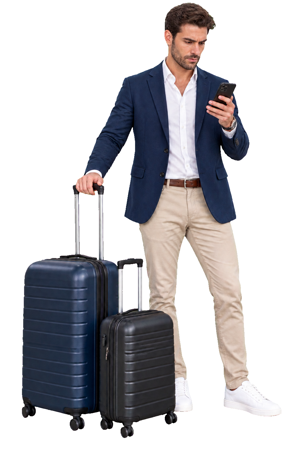 Traveller checking a same-day airport transfer enquiry beside two suitcases