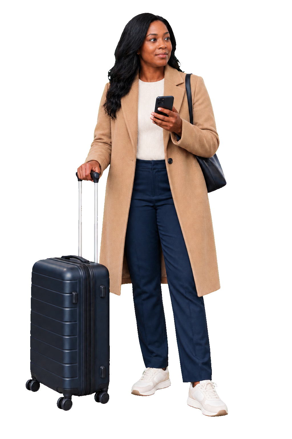 Traveller holding a phone beside a suitcase