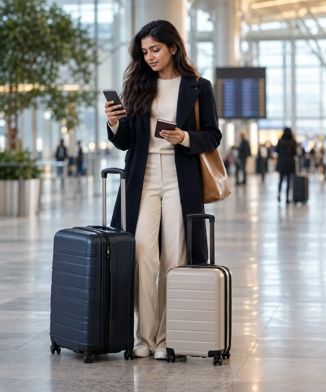 Traveller reviewing journey details on her phone with two suitcases in an airport terminal