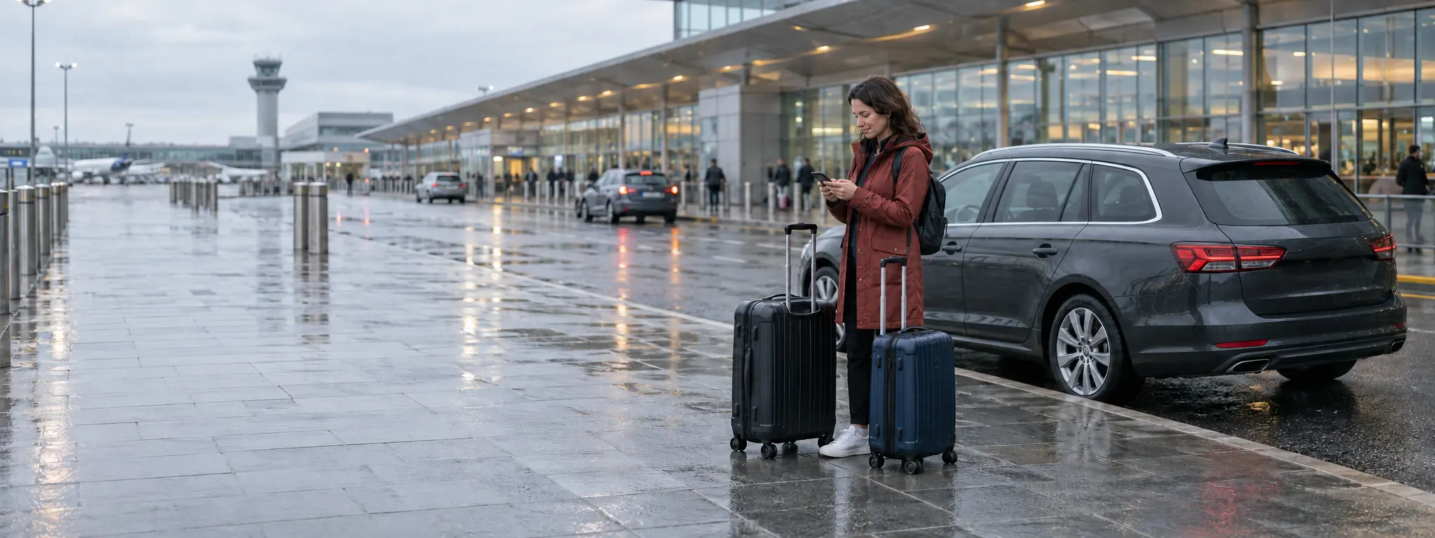 Traveller checking her phone beside luggage and a parked airport transfer car