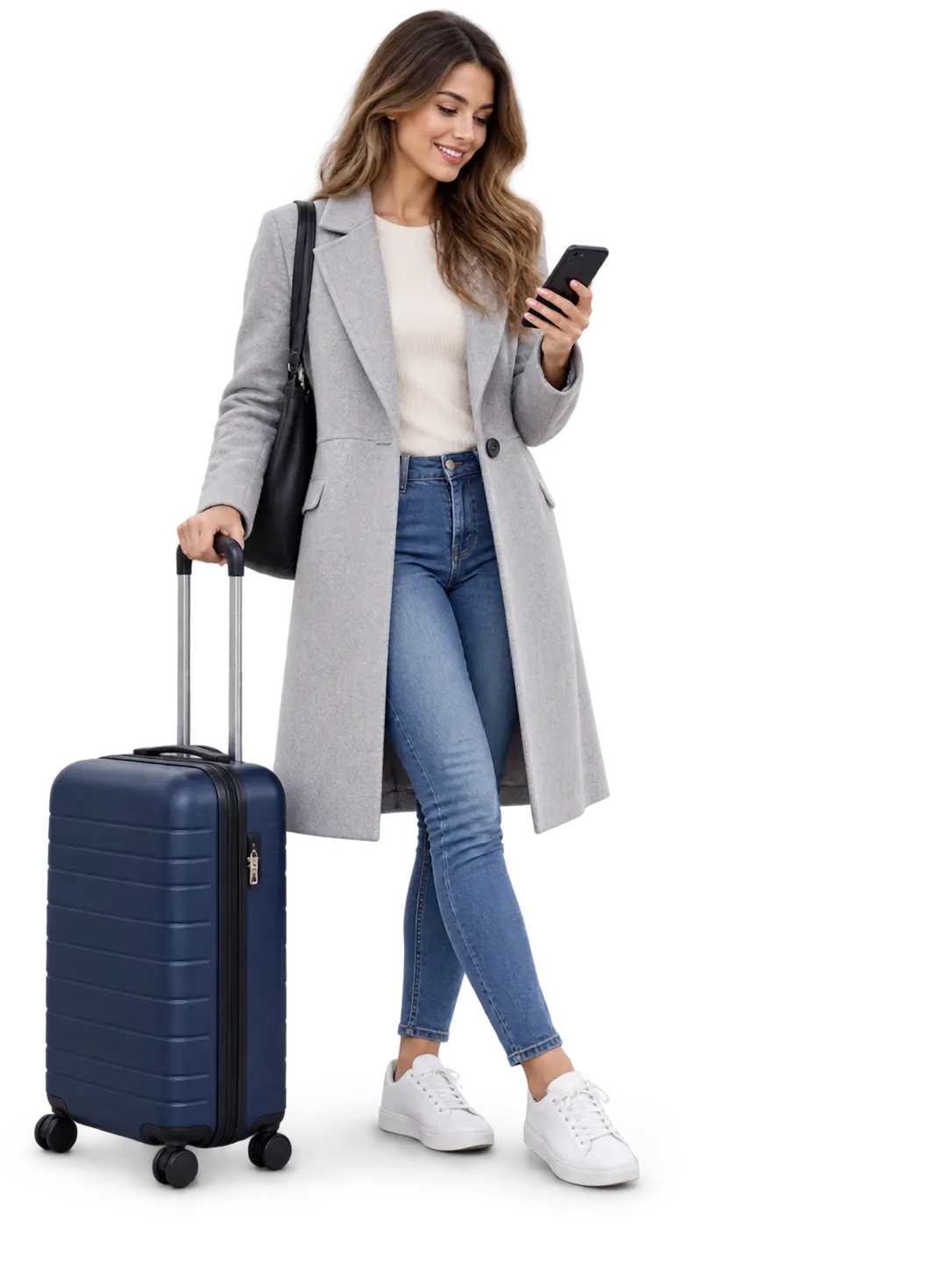 Traveller with a wheeled suitcase checking airport journey details