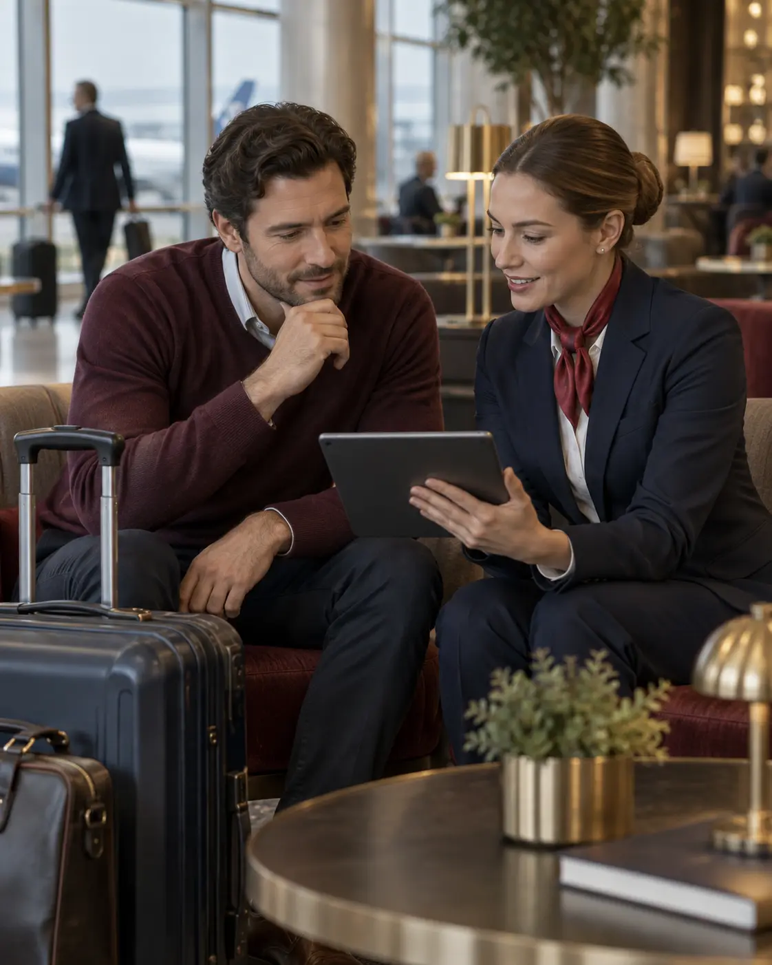 Traveller and transfer representative reviewing practical journey details