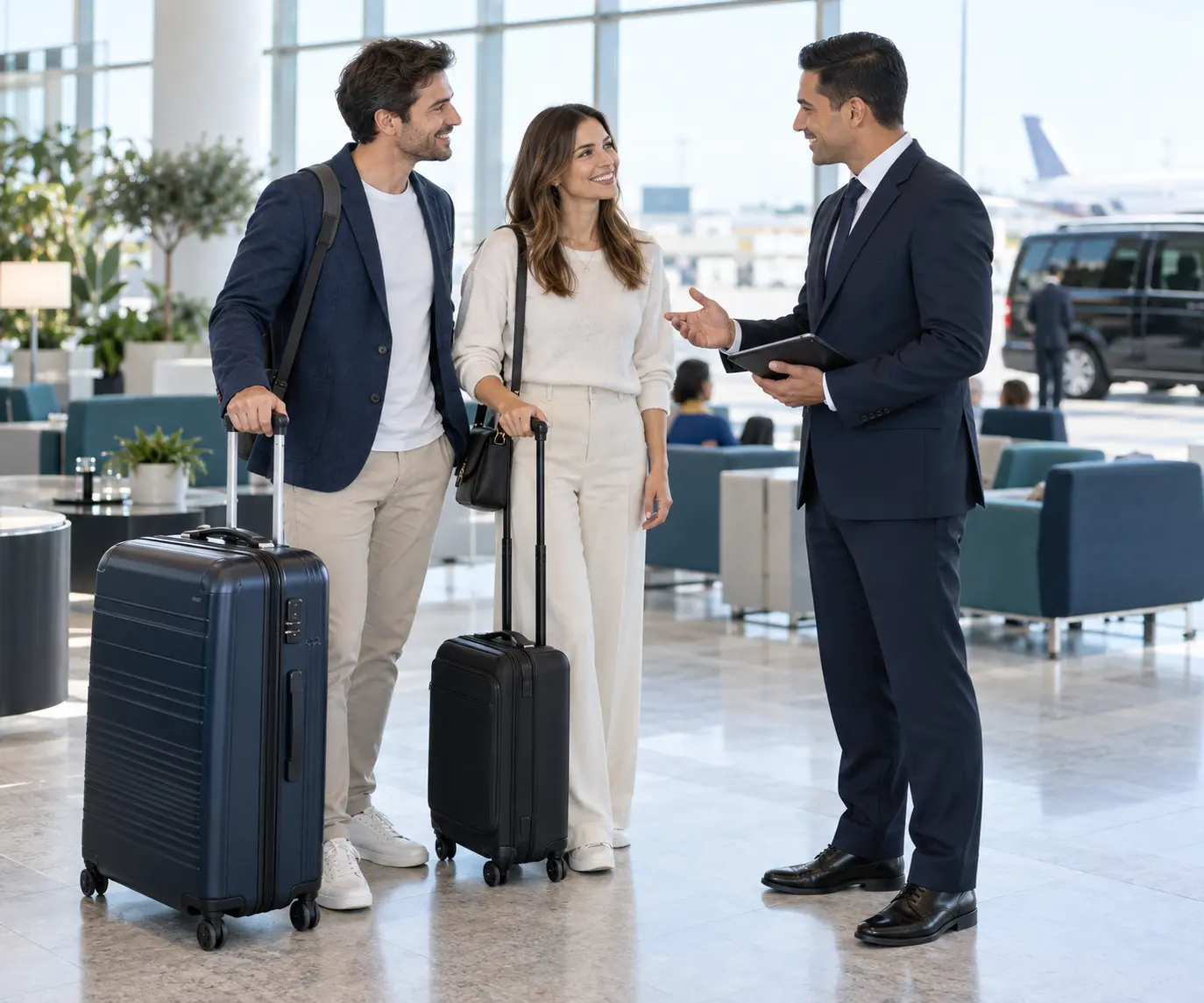 Travellers discussing airport transfer choices with their luggage