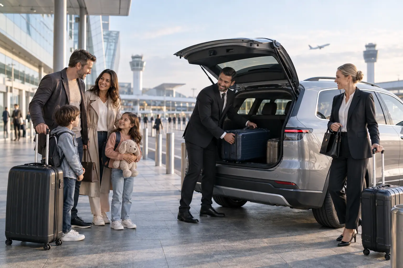 Travellers and luggage meeting an airport transfer driver in a calm terminal forecourt