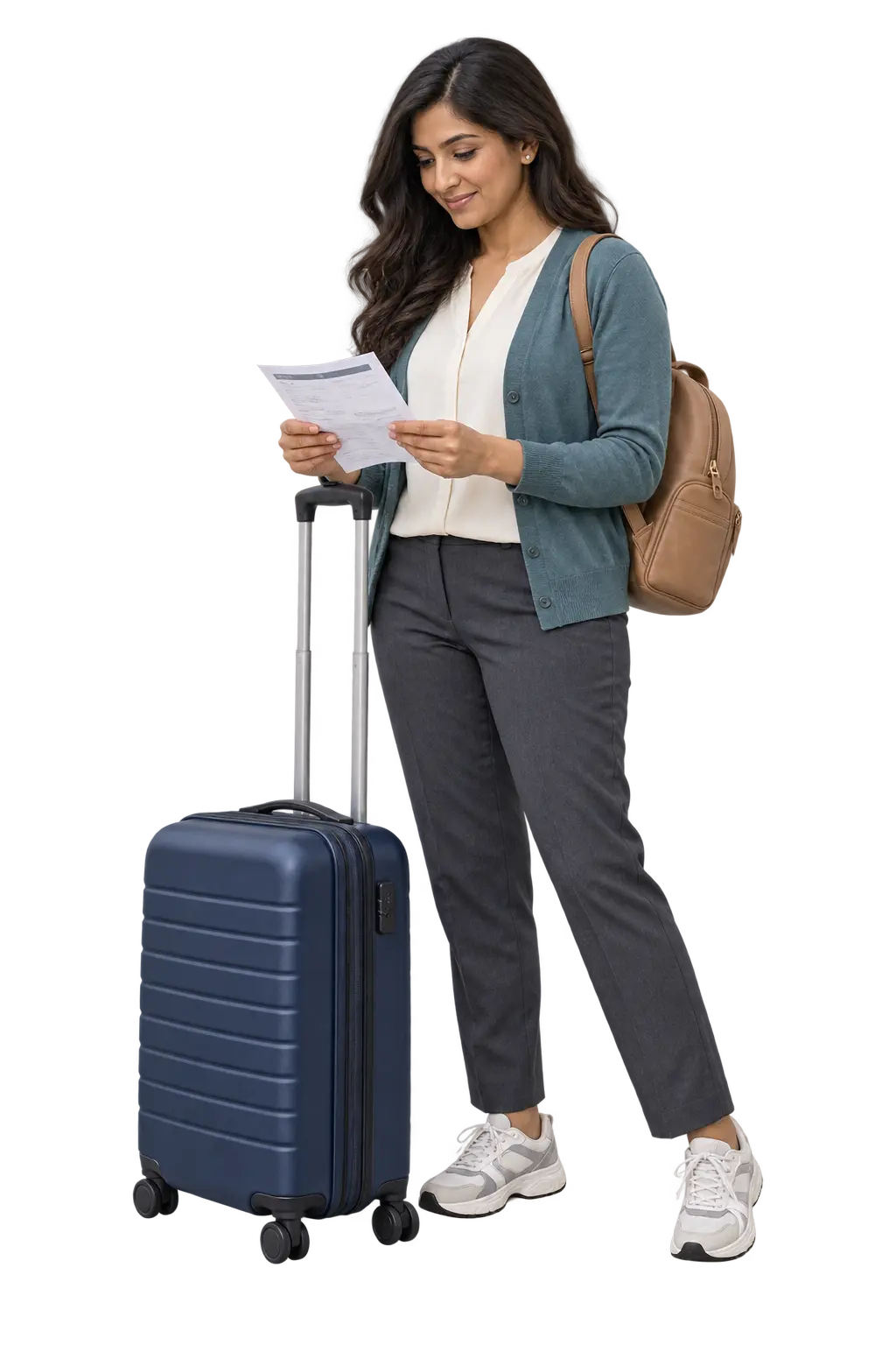 Solo traveller reading a journey sheet beside a cabin suitcase and backpack