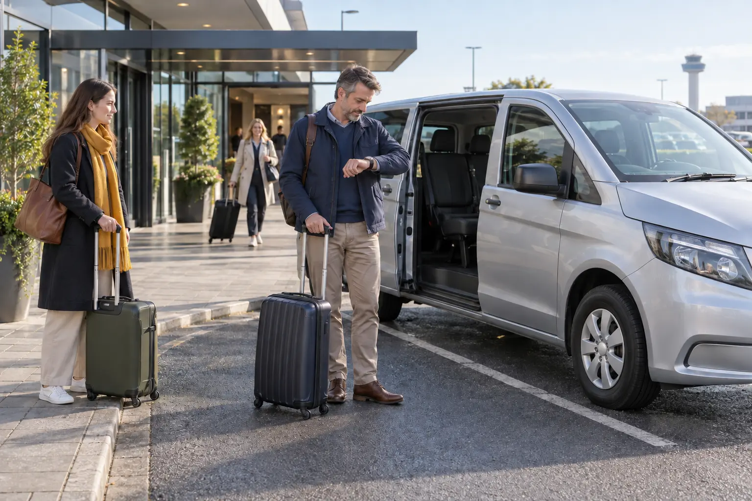 Airport shuttle passengers waiting while another traveller approaches the pickup point
