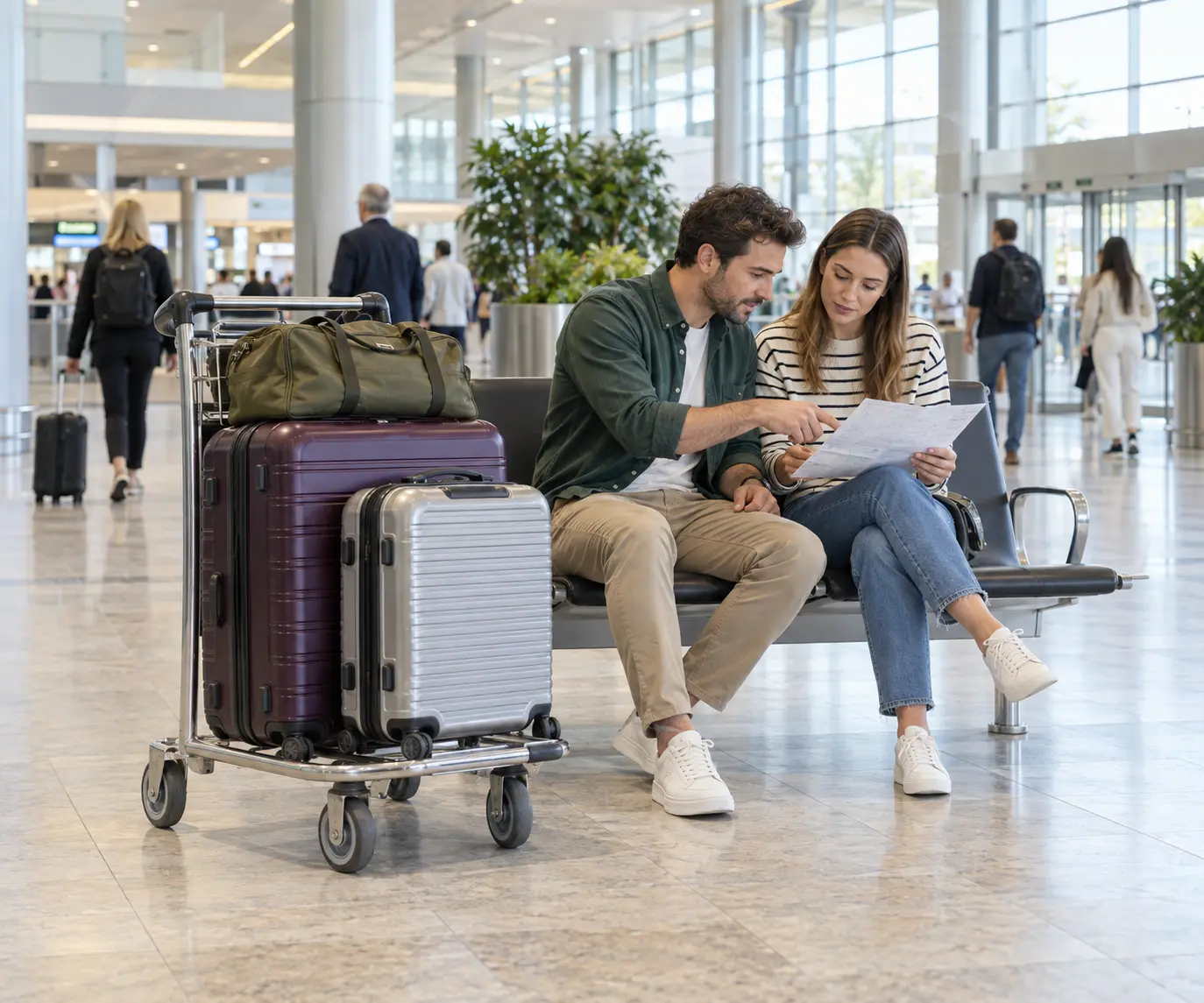 Two airport travellers discussing a journey sheet beside a loaded luggage trolley