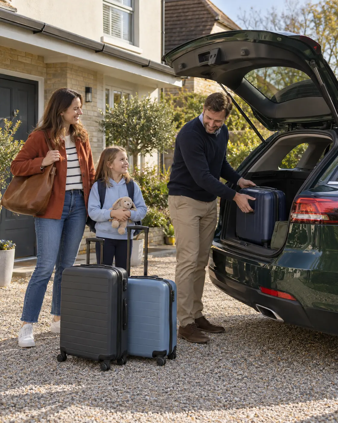 Family loading luggage into a private transfer car outside their home