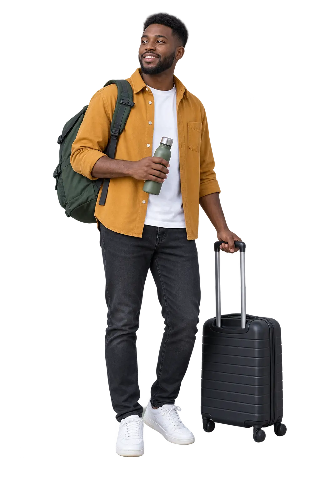Solo traveller with a backpack and small cabin suitcase ready for an airport shuttle