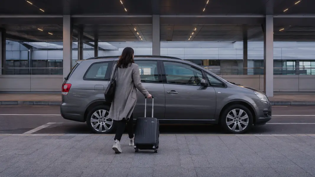 Solo traveller pulling a suitcase towards a parked people carrier outside an airport terminal