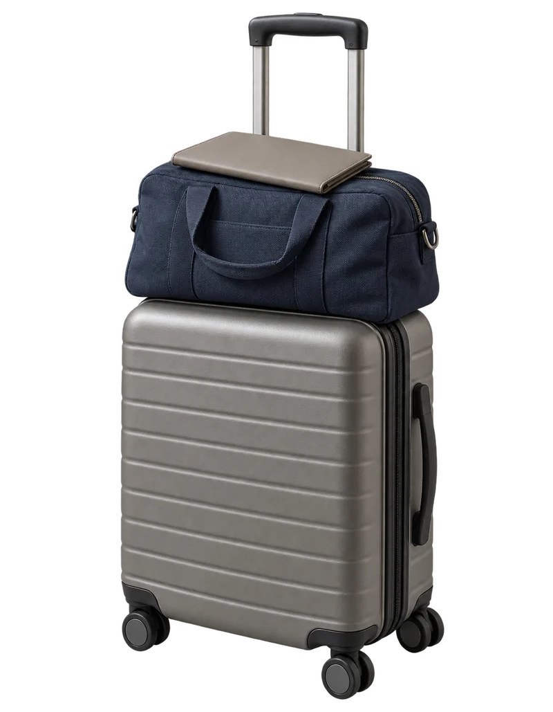 Upright suitcase with a holdall and closed travel folder