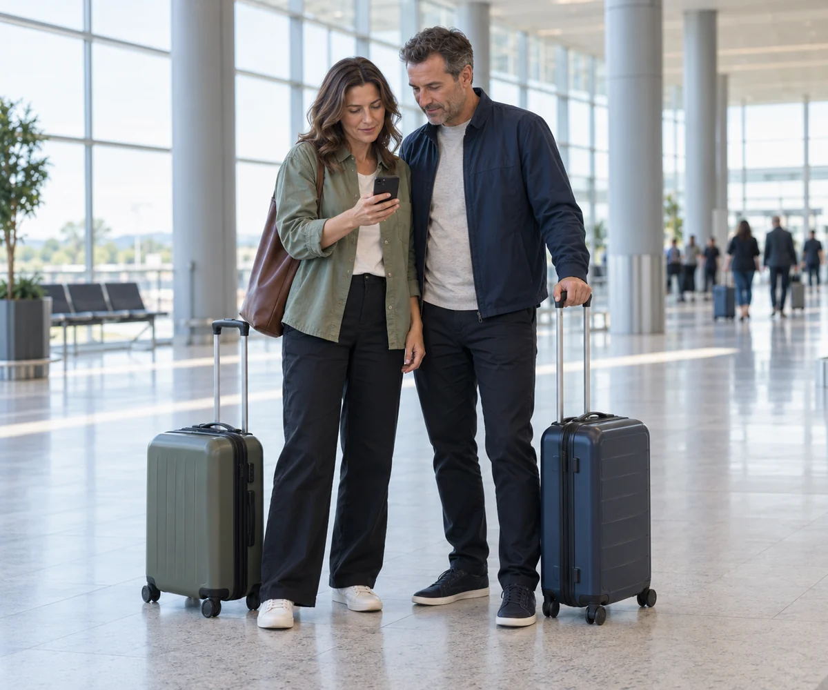 Couple checking a phone together beside their suitcases in an airport arrivals hall