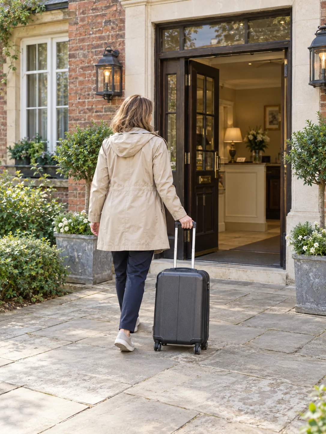 Traveller pulling a suitcase towards a hotel entrance