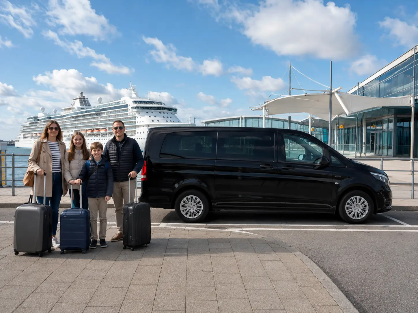 Family travellers with luggage beside a premium van at Southampton cruise port