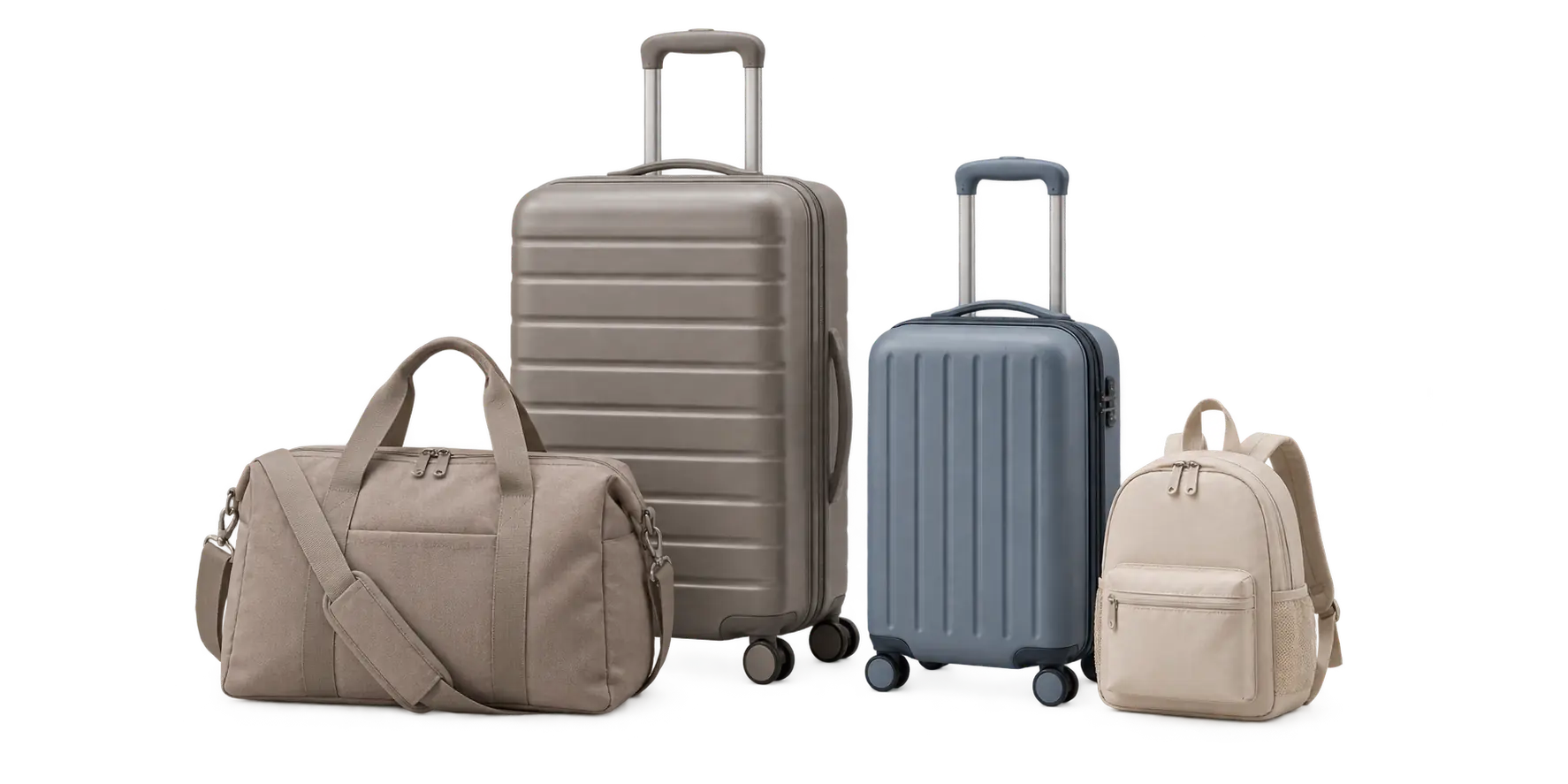 Family travel luggage set with two rolling cases, a weekend bag and a small backpack