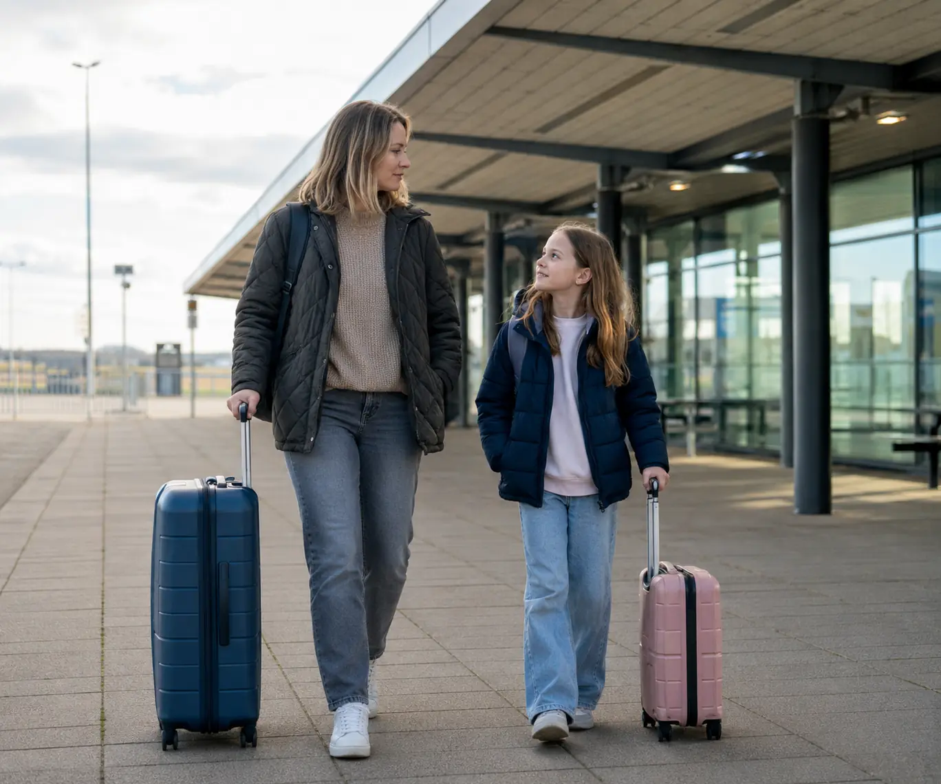 Mother and daughter walking with rolling luggage outside a quiet regional airport terminal