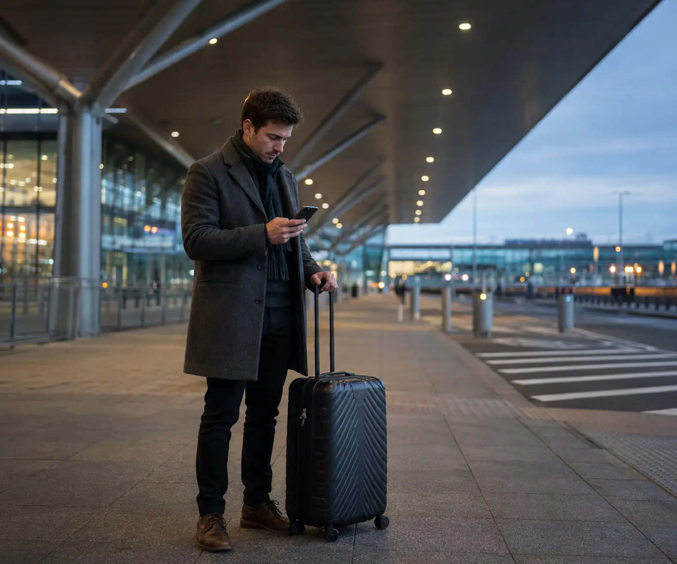 Traveller checking a phone beside a suitcase beneath an airport forecourt canopy at dawn