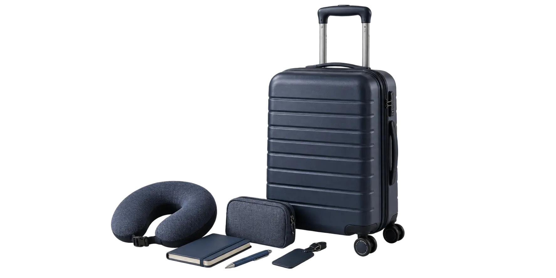 Cabin suitcase with a neck pillow, notebook, pen, travel pouch and luggage tag