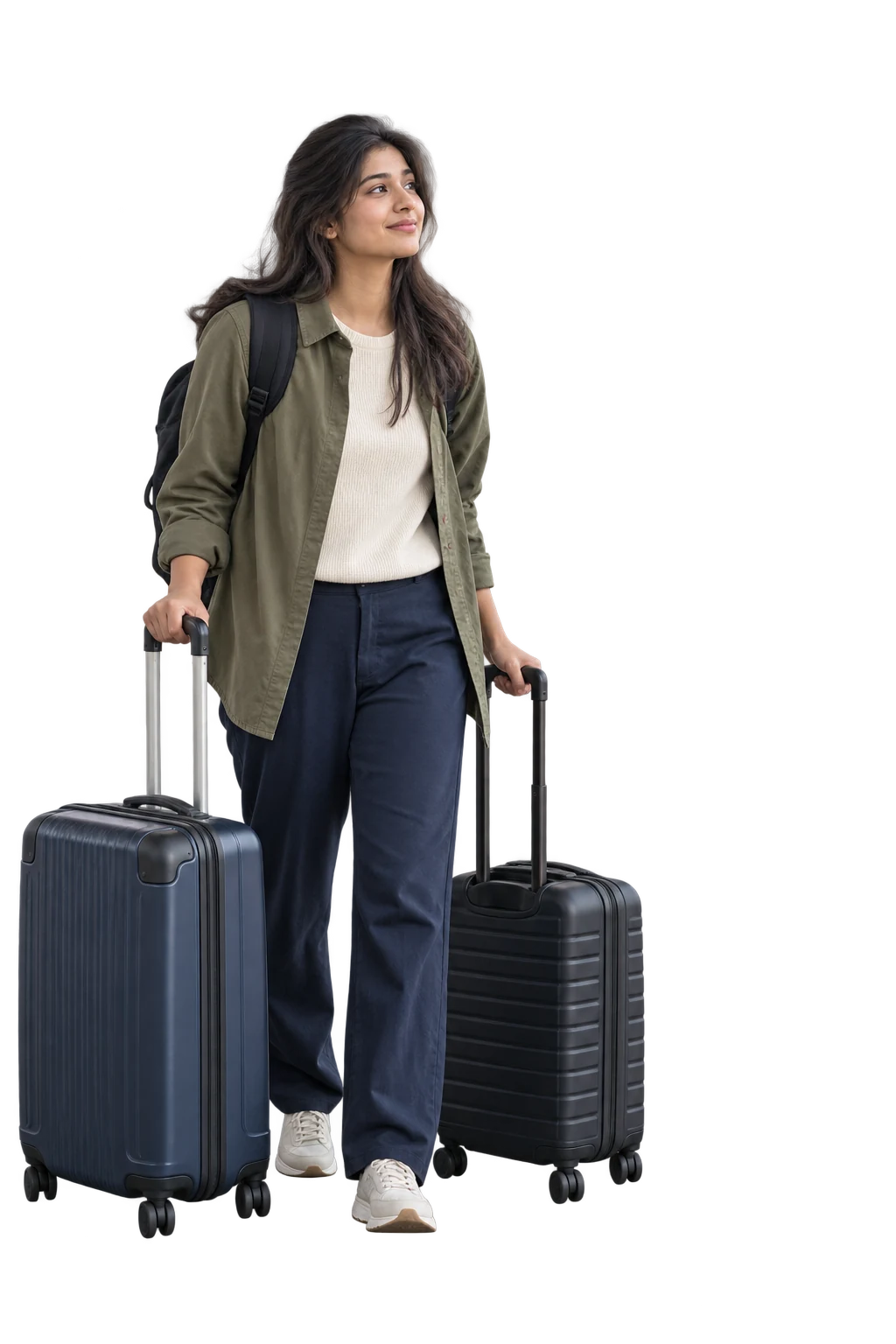 Student traveller standing with two suitcases and a backpack