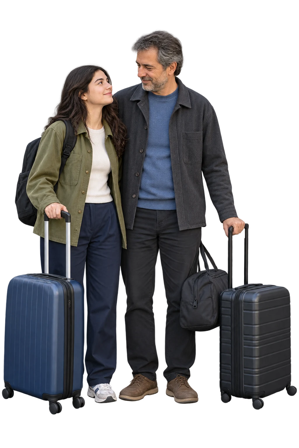 Student and parent standing together with their luggage